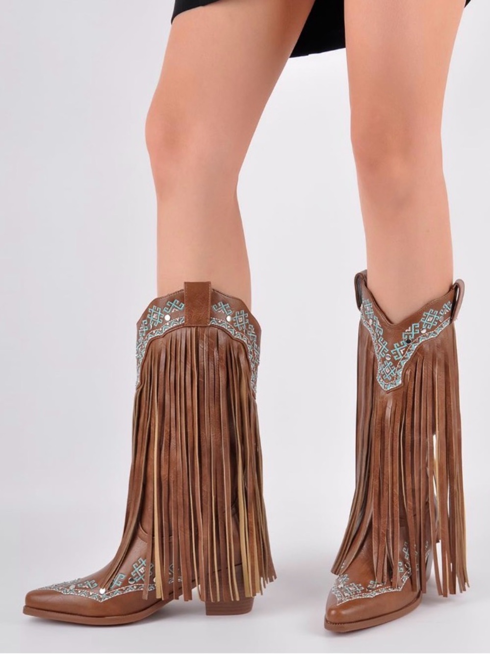 Fringe Cowboy Boots Size 10 Embroidered Brown Western Mid Calf Festival Concert